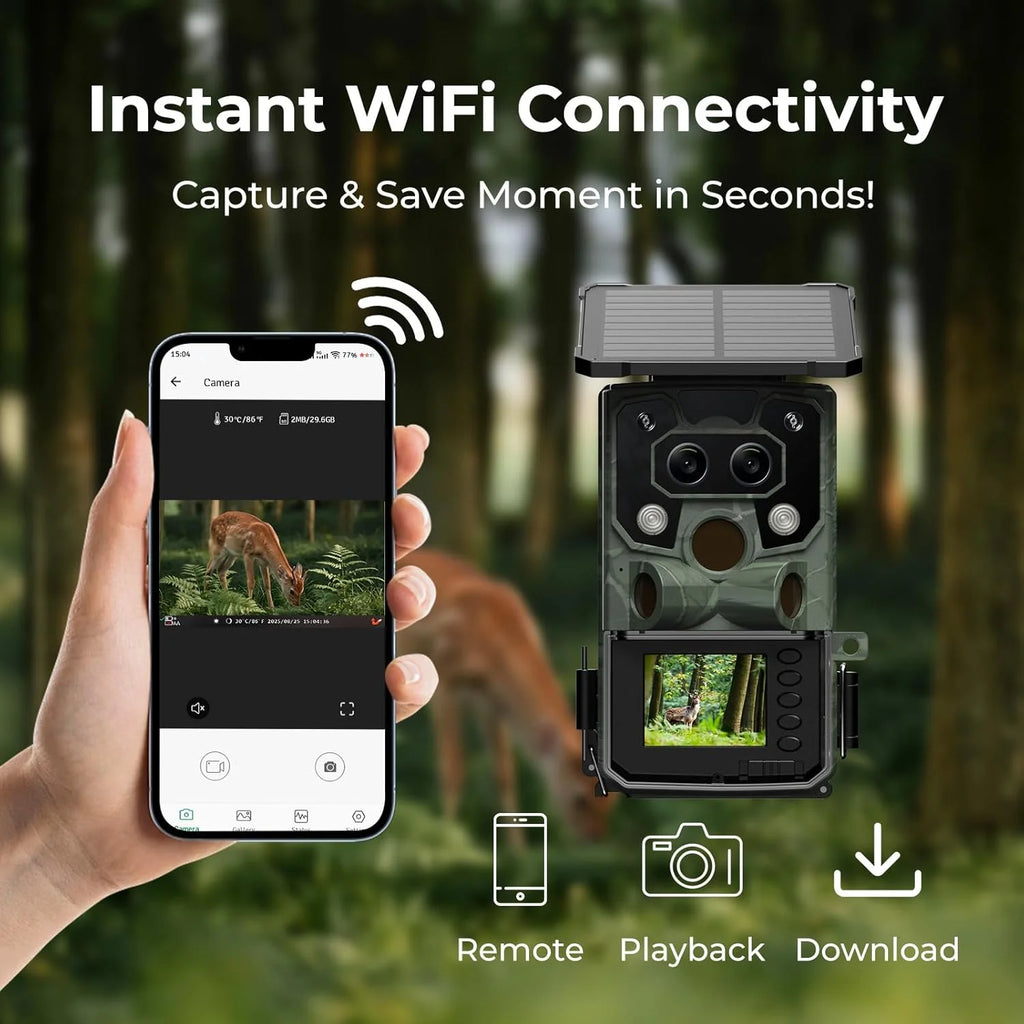 Wifi Trail Camera 4K UHD 30FPS Integrated Solar Powered, Starlight Night Vision Dual Lens 60MP Bluetooth Game Camera with 0.1S Trigger IMX458 Sensors IP66 Waterproof for Wildlife Monitoring