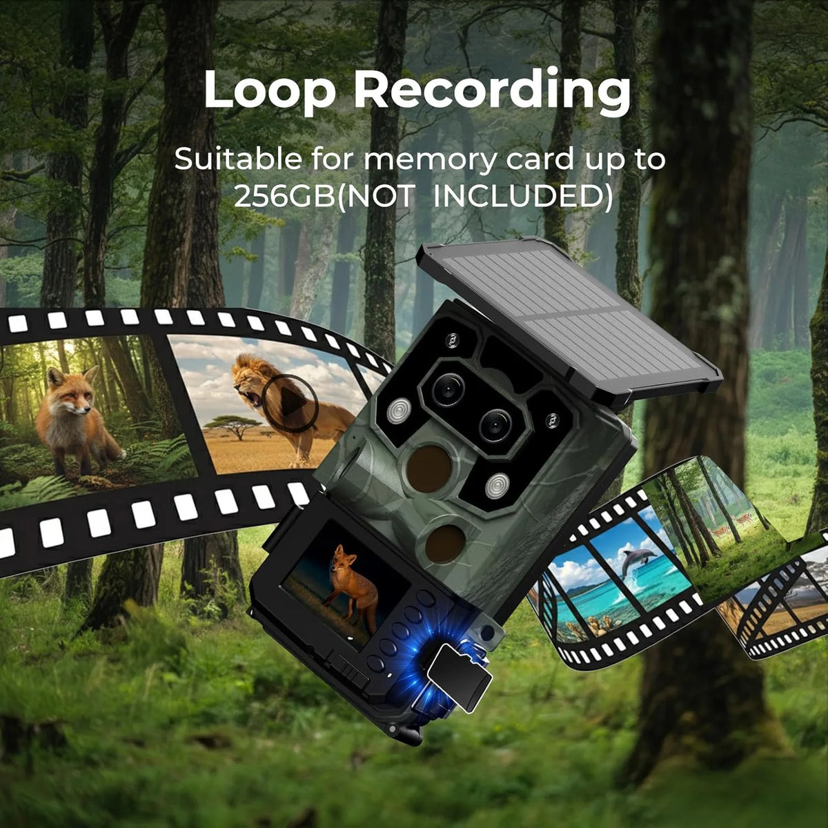 Wifi Trail Camera 4K UHD 30FPS Integrated Solar Powered, Starlight Night Vision Dual Lens 60MP Bluetooth Game Camera with 0.1S Trigger IMX458 Sensors IP66 Waterproof for Wildlife Monitoring