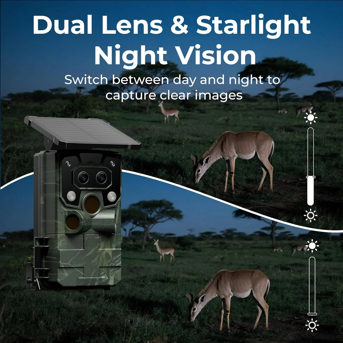 Wifi Trail Camera 4K UHD 30FPS Integrated Solar Powered, Starlight Night Vision Dual Lens 60MP Bluetooth Game Camera with 0.1S Trigger IMX458 Sensors IP66 Waterproof for Wildlife Monitoring