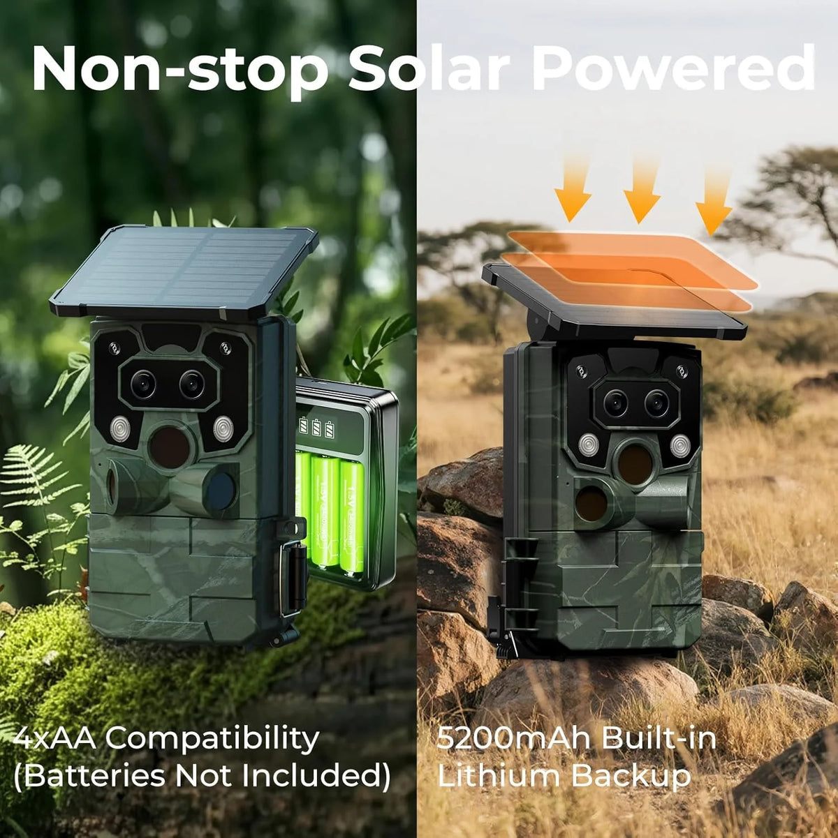 Wifi Trail Camera 4K UHD 30FPS Integrated Solar Powered, Starlight Night Vision Dual Lens 60MP Bluetooth Game Camera with 0.1S Trigger IMX458 Sensors IP66 Waterproof for Wildlife Monitoring