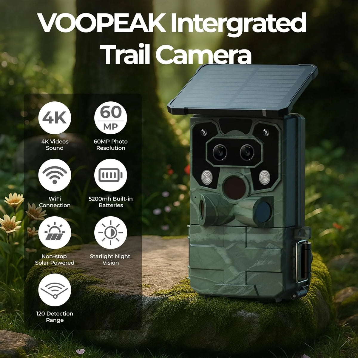 Wifi Trail Camera 4K UHD 30FPS Integrated Solar Powered, Starlight Night Vision Dual Lens 60MP Bluetooth Game Camera with 0.1S Trigger IMX458 Sensors IP66 Waterproof for Wildlife Monitoring